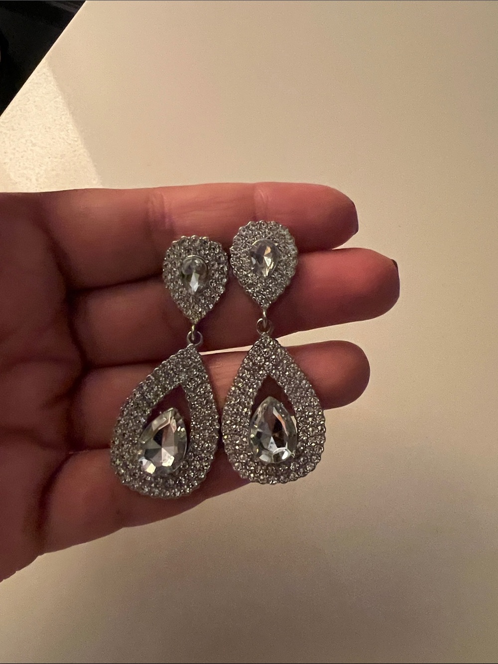 Crystal Teardrop Dangle Earrings - Silver Tone